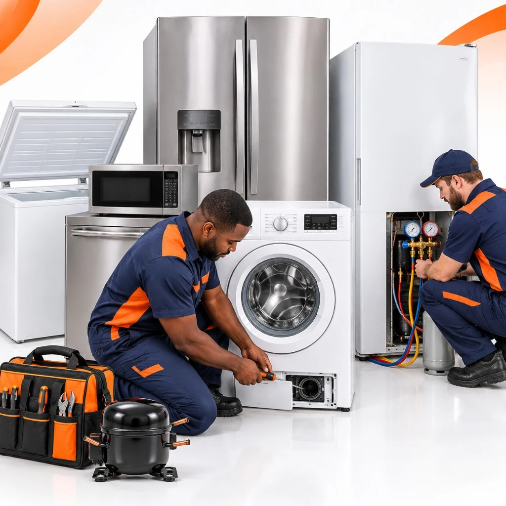 Two Electro technicians working among a group of household appliances, including a fridge, freezer, washing machine, oven and microwave