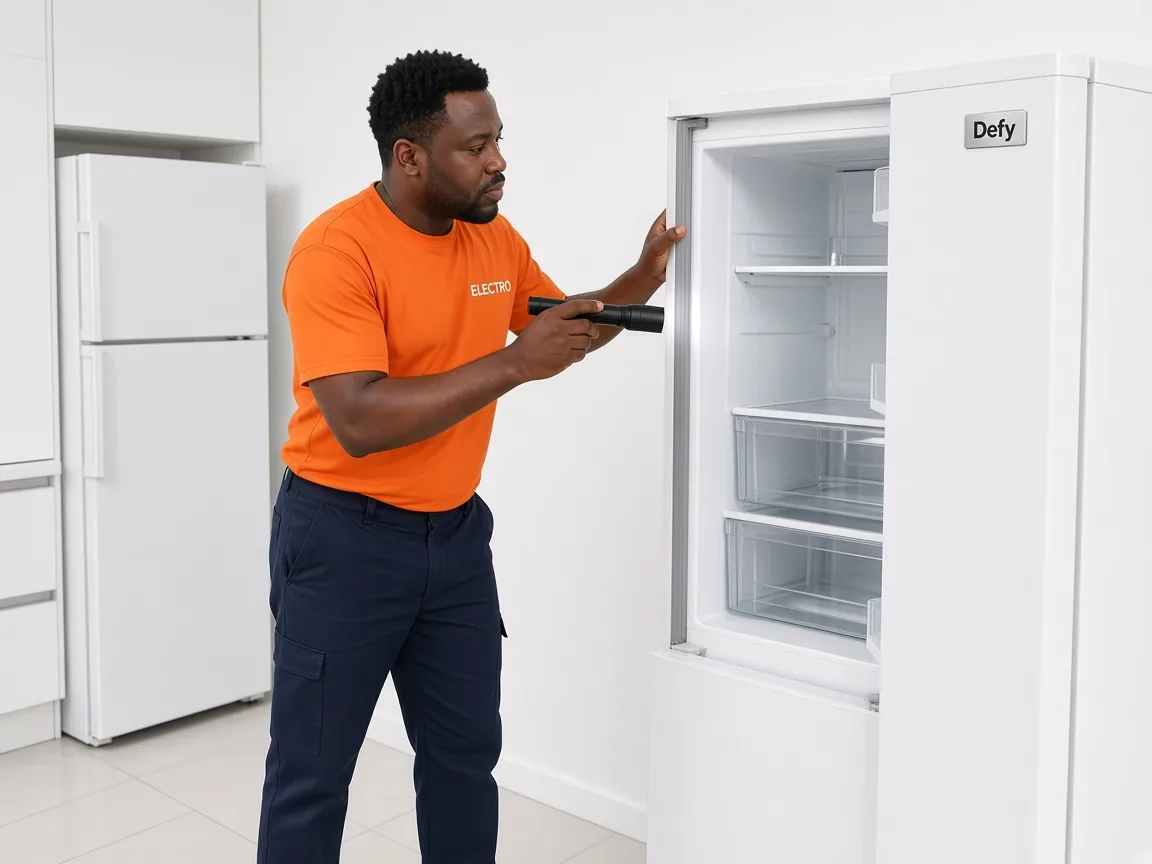 Technician inspecting a Defy fridge-freezer