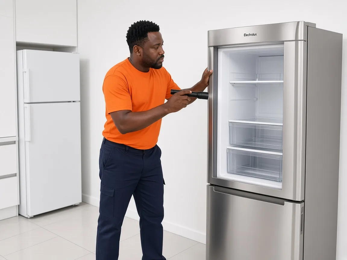 Technician inspecting an Electrolux fridge