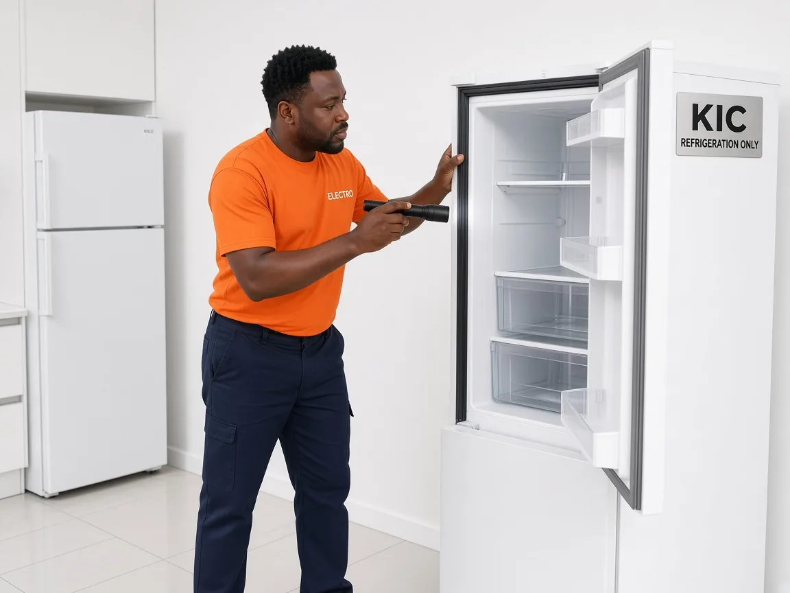 Technician diagnosing a cooling fault on a KIC fridge