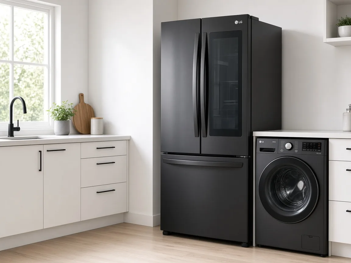 LG fridge and LG washing machine in a home kitchen