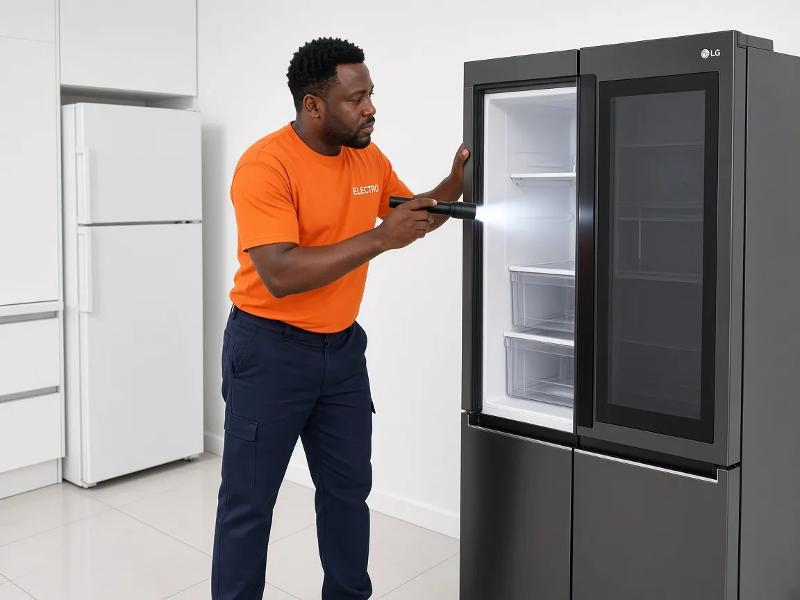 Technician inspecting an LG fridge