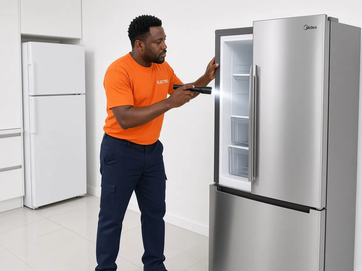 Technician inspecting a Midea fridge