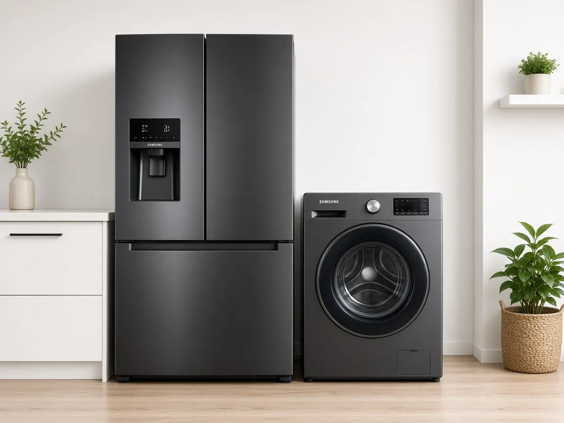 Samsung fridge and front-load washing machine in a home kitchen
