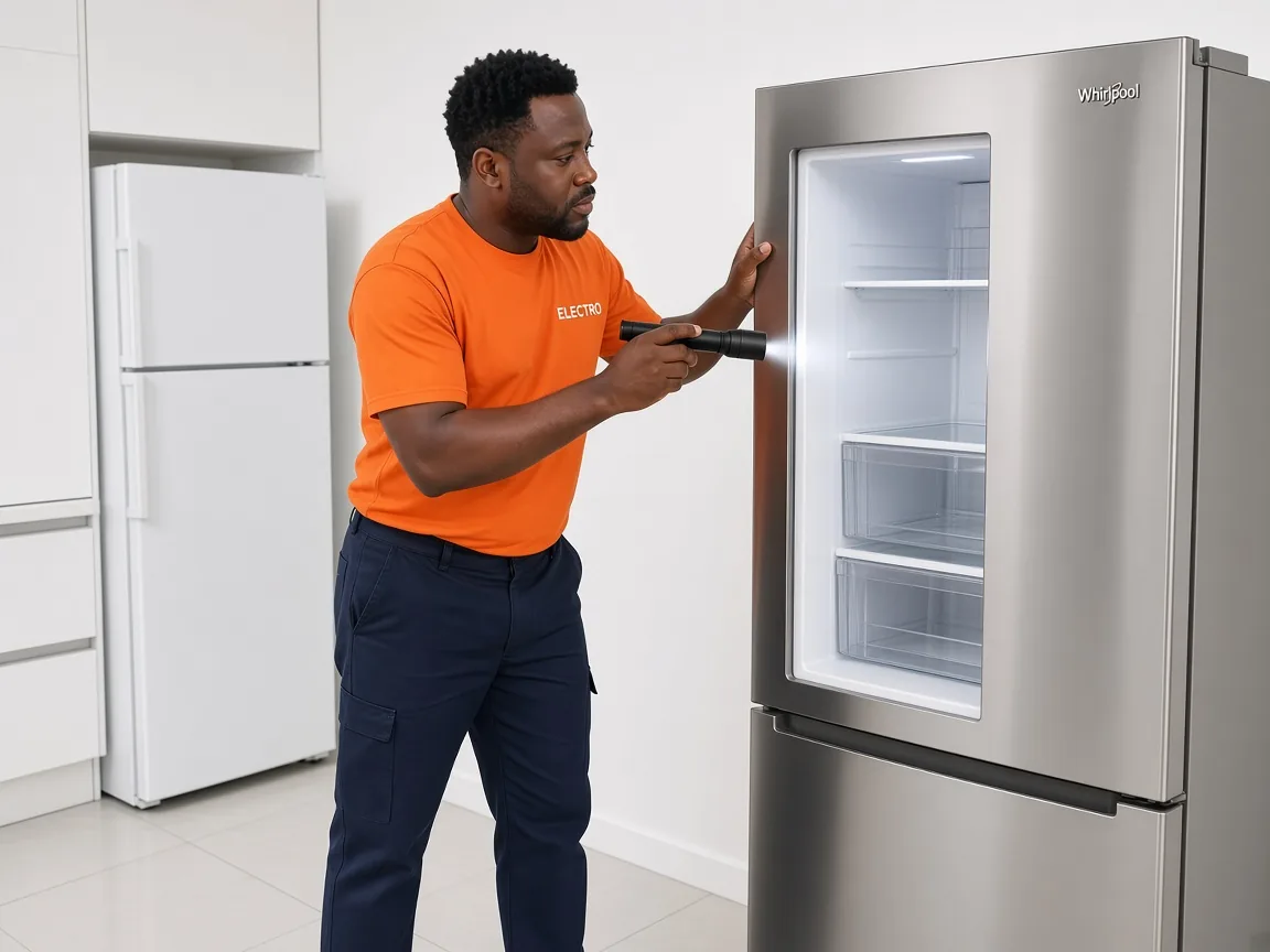 Technician inspecting a Whirlpool fridge