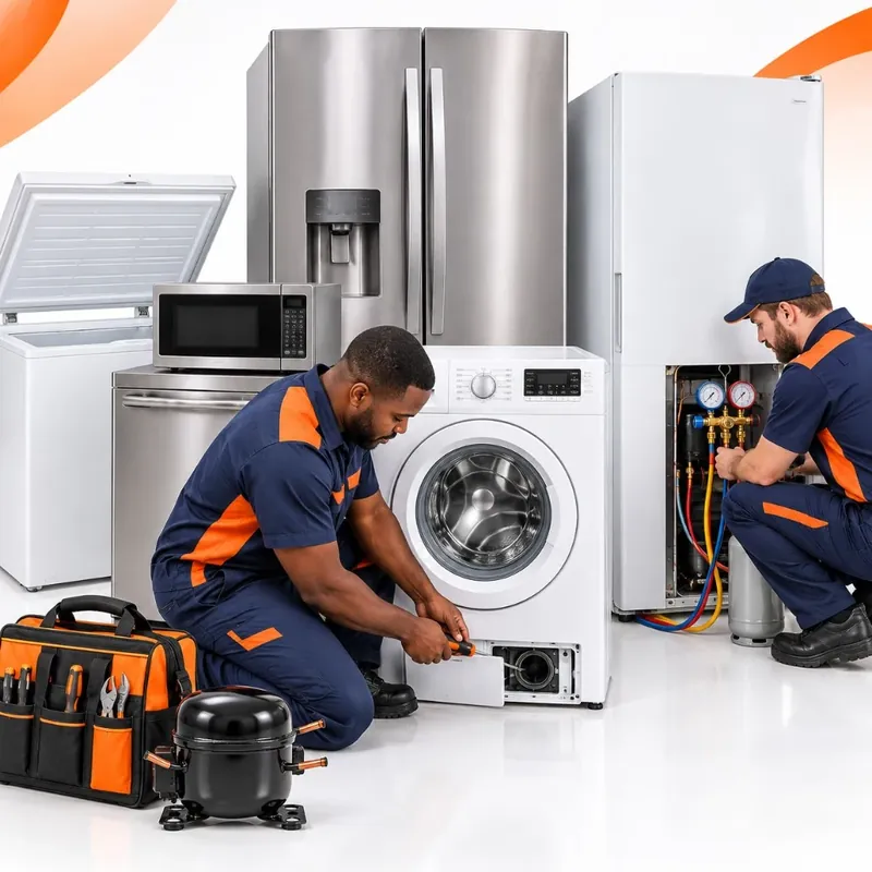 Two Electro technicians working among a group of household appliances, including a fridge, freezer, washing machine, oven and microwave