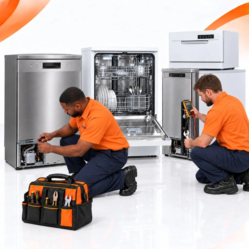 Two Electro technicians repairing dishwashers, including an open dishwasher with racks visible