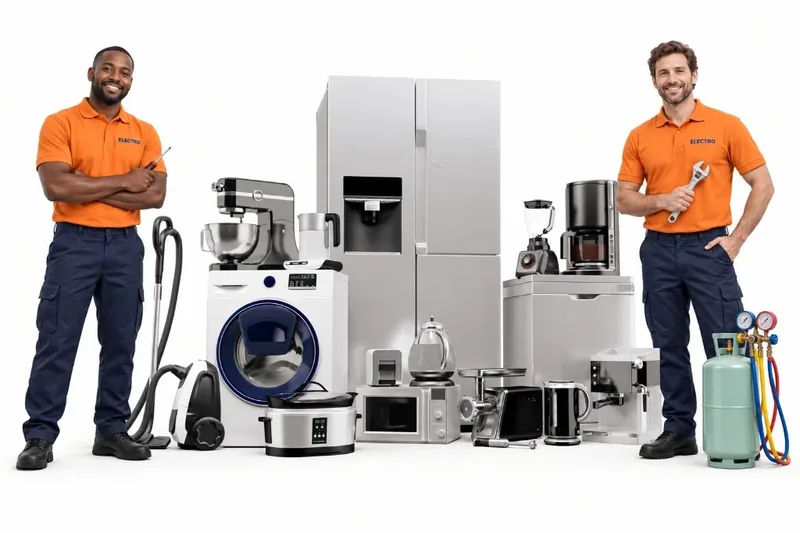 Two Electro technicians in orange uniforms with household appliances, tools and a refrigerant cylinder