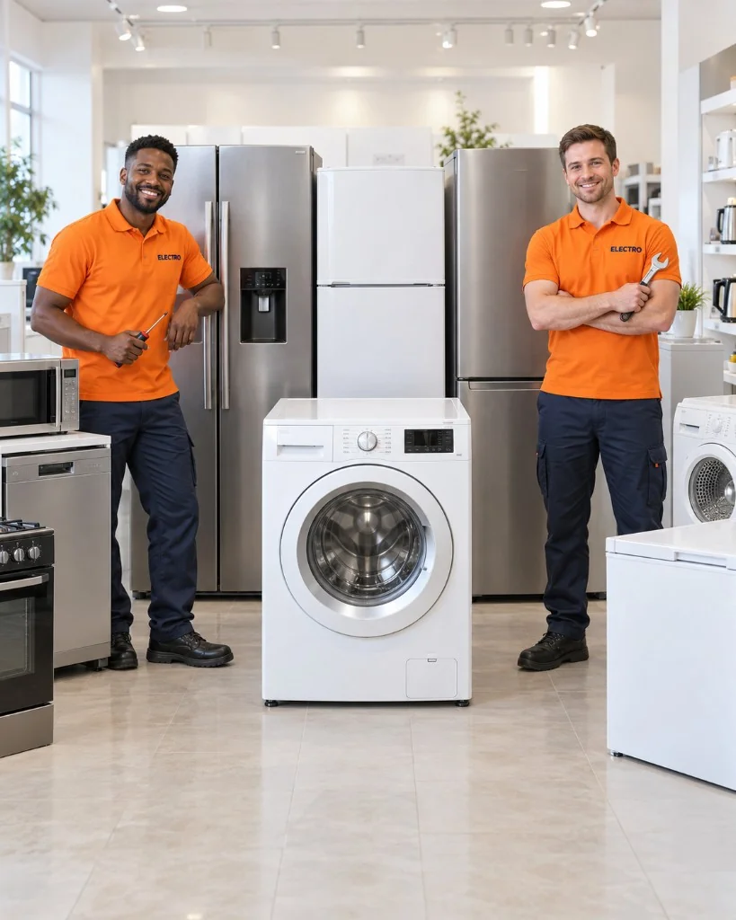 Electro technicians with household appliances including fridges, a freezer, washing machine, dishwasher, microwave and stove
