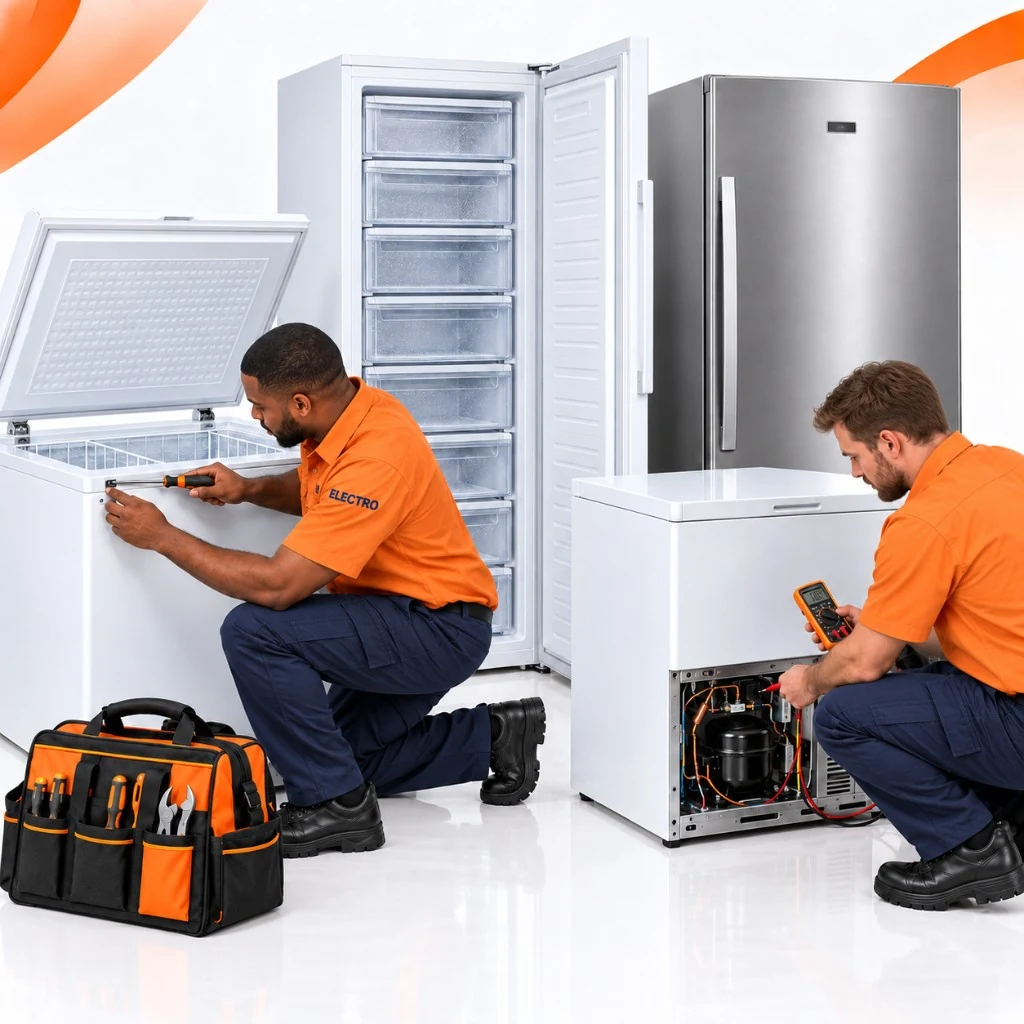 Two Electro technicians working on chest freezers and an upright freezer