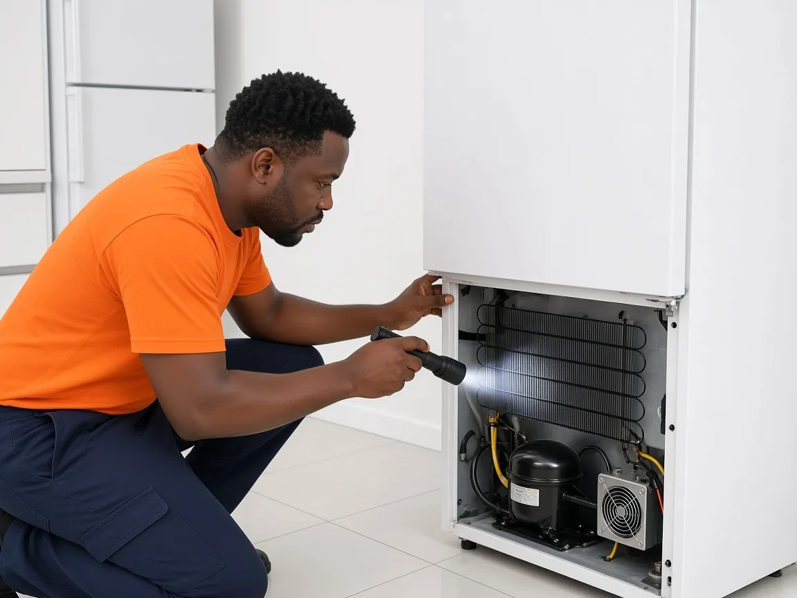 Technician professionally checking a refrigerator compressor area