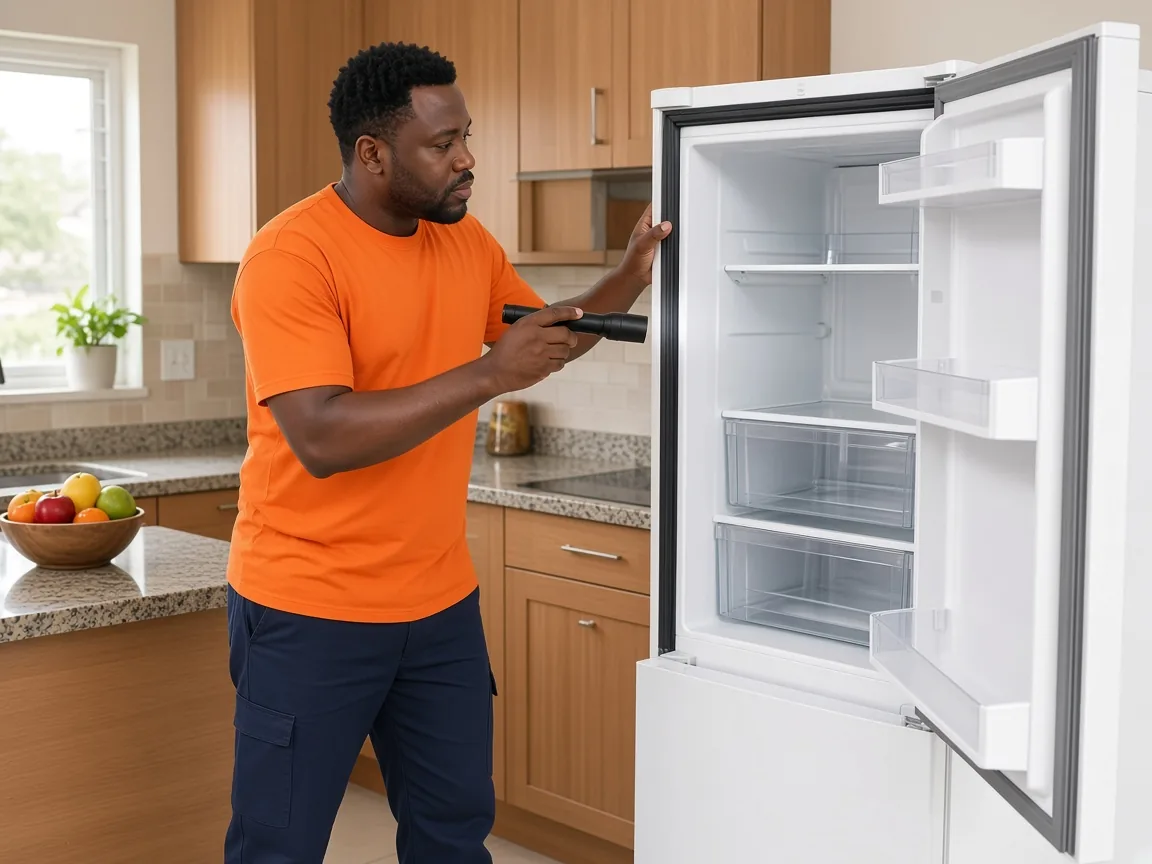 Technician attending a household fridge repair at a home