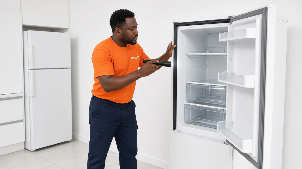 Technician inspecting an open household fridge