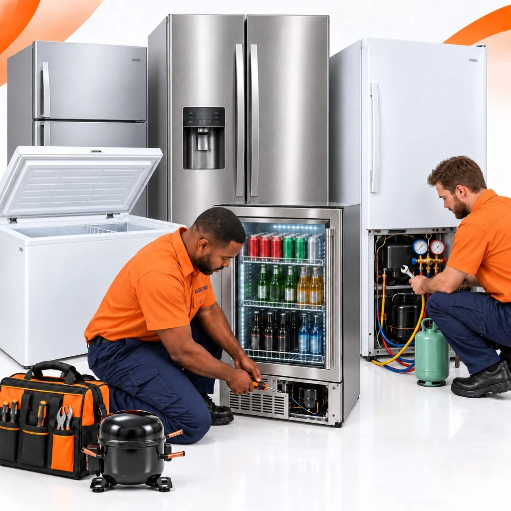 Two Electro technicians repairing several household fridge types, including a side-by-side fridge, a beverage fridge and a chest freezer