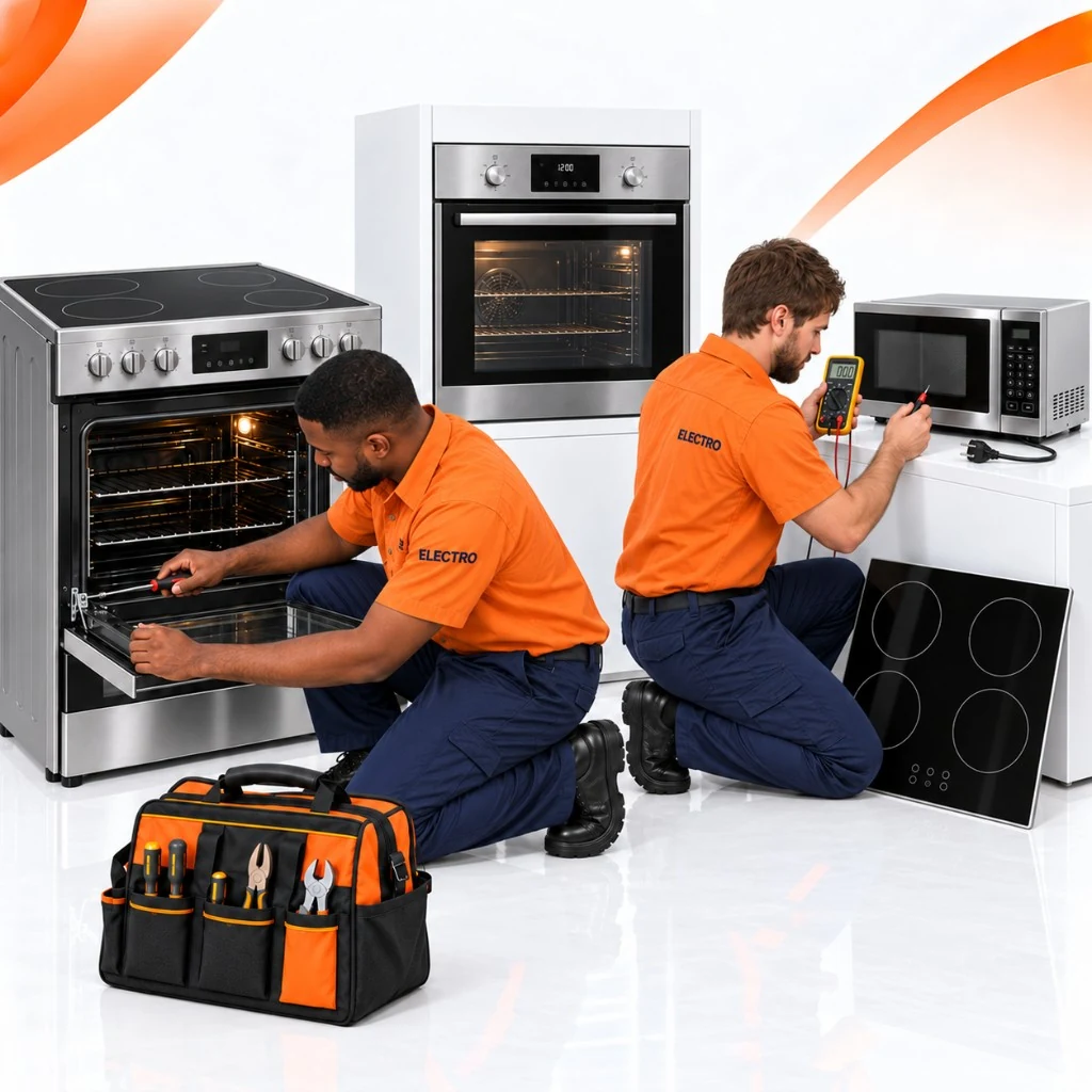 Two Electro technicians repairing a freestanding oven, a built-in oven, a microwave and a hob