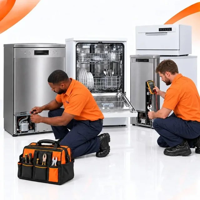 Two Electro technicians repairing dishwashers, including an open dishwasher with racks visible