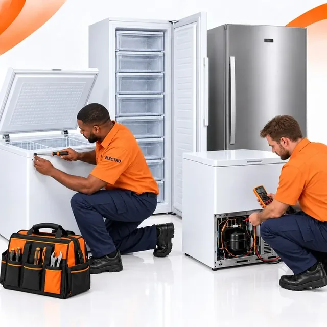 Two Electro technicians working on chest freezers and an upright freezer