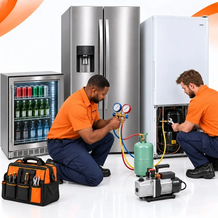 Technicians carrying out fridge cooling and refrigeration-system work
