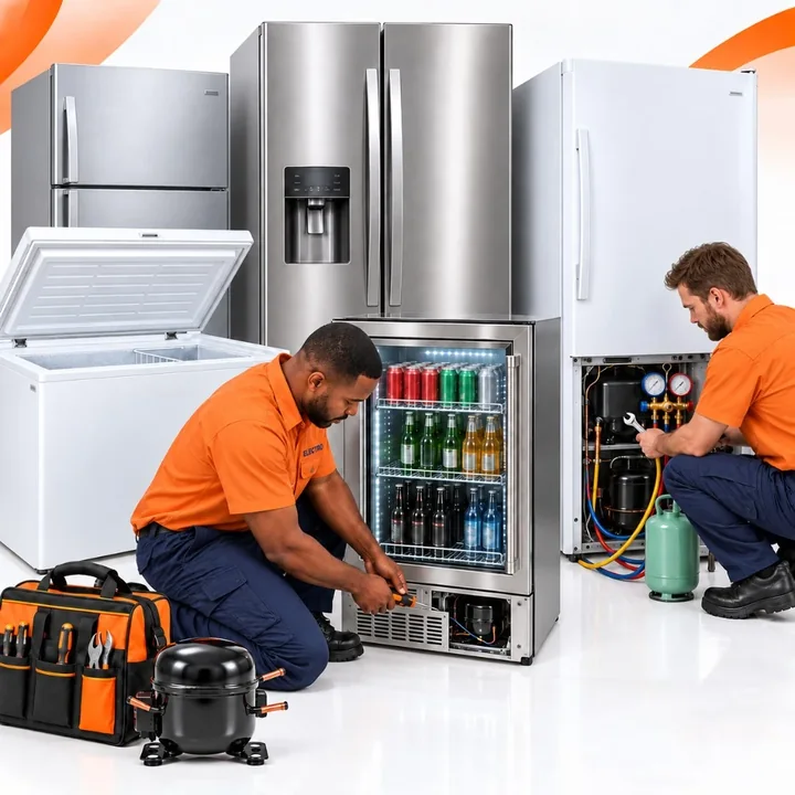 Technicians servicing refrigerators, a freezer and a drinks cooler