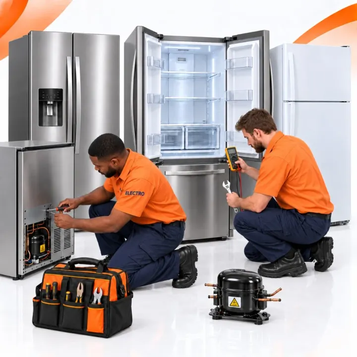 Technicians assessing household fridges and a drinks cooler
