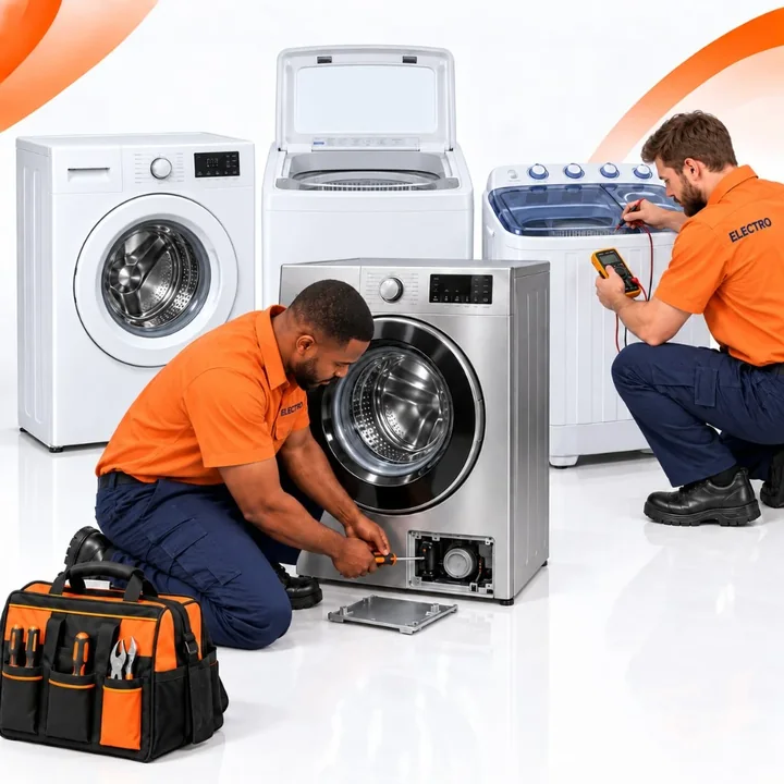 Technicians working on washing machine repairs