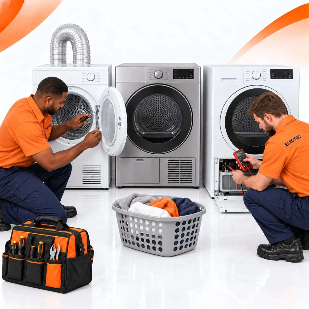 Two Electro technicians repairing tumble dryers, with one dryer door open and another being tested